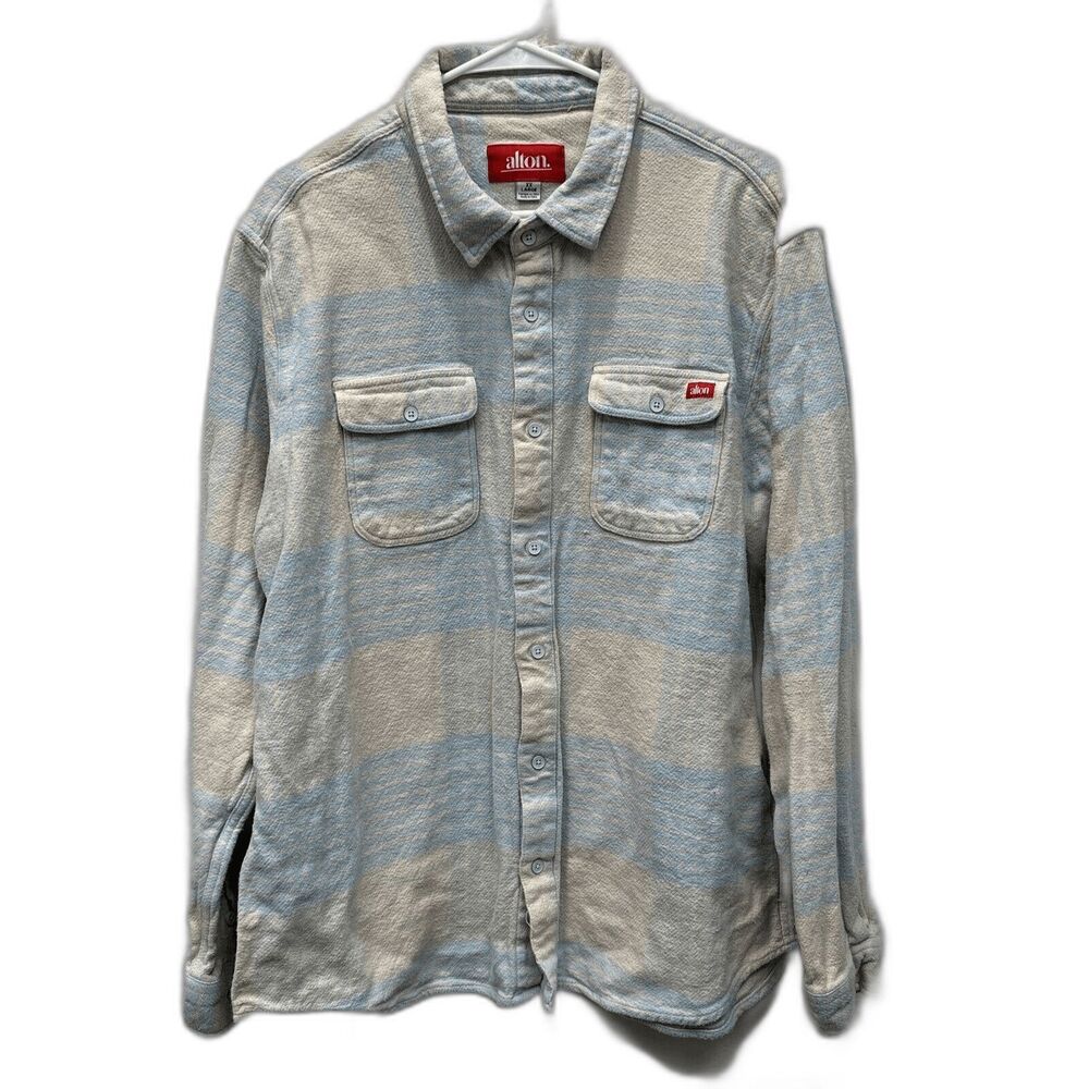 Alton. Men Flannel Jacket Plaid Blue Ivory Buttons XXL Pockets Long Sleeve
